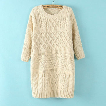 Diamond Cable Retro Knit Long Pullover Sweater - Meet Yours Fashion - 2
