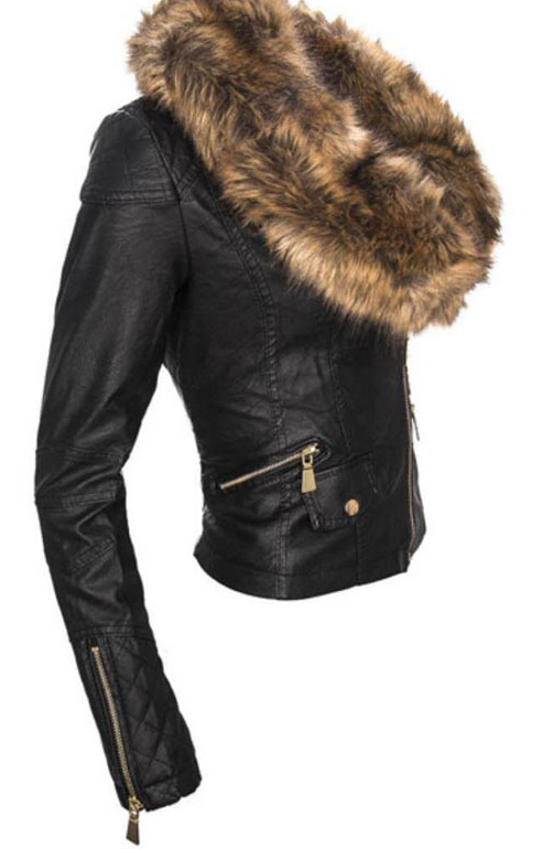 Black Faux Fur Collar Oblique Zipper Crop PU Jacket - Meet Yours Fashion - 1