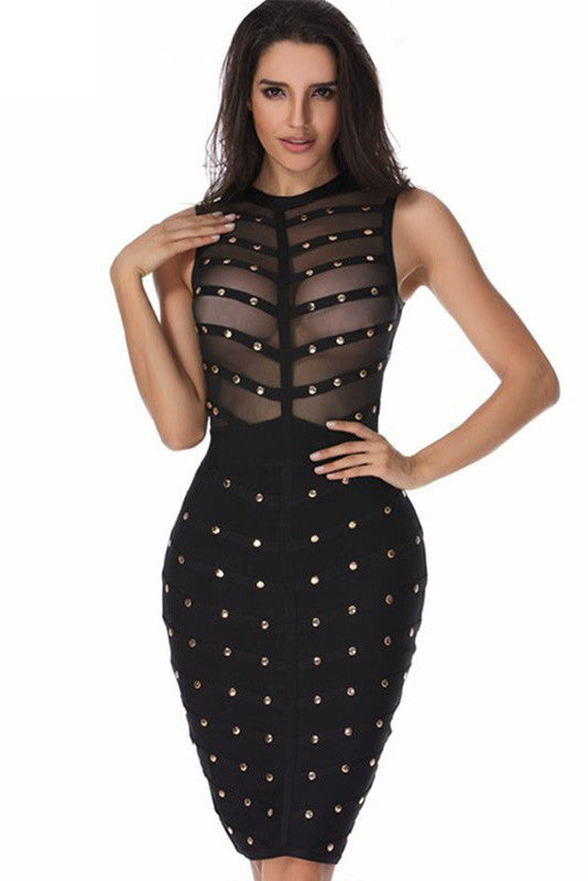 Pure Color Scoop Sleeveless Sequis Mesh Short Sexy Dress