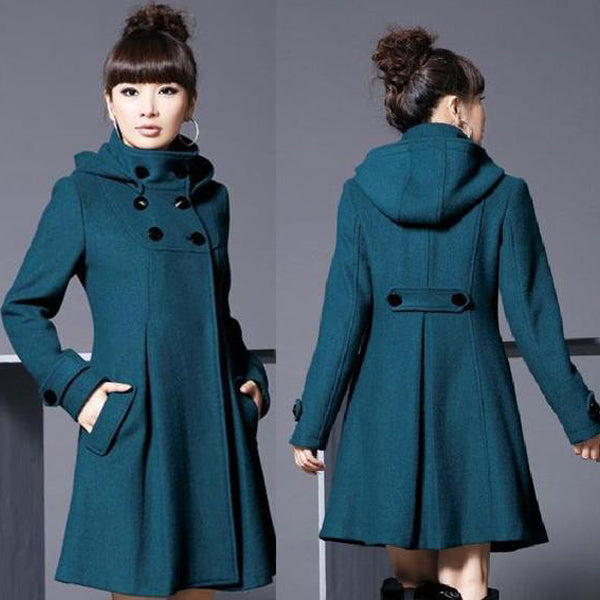 Hooded High Neck Button Slim Long Sleeves Mid-length Coat