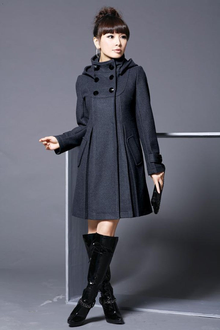 Hooded High Neck Button Slim Long Sleeves Mid-length Coat - Meet Yours Fashion - 1