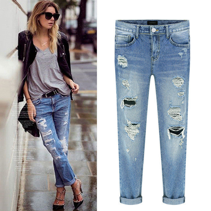 Beggar Style Holes Ripped Frayed Loose Long Jeans - Meet Yours Fashion - 2