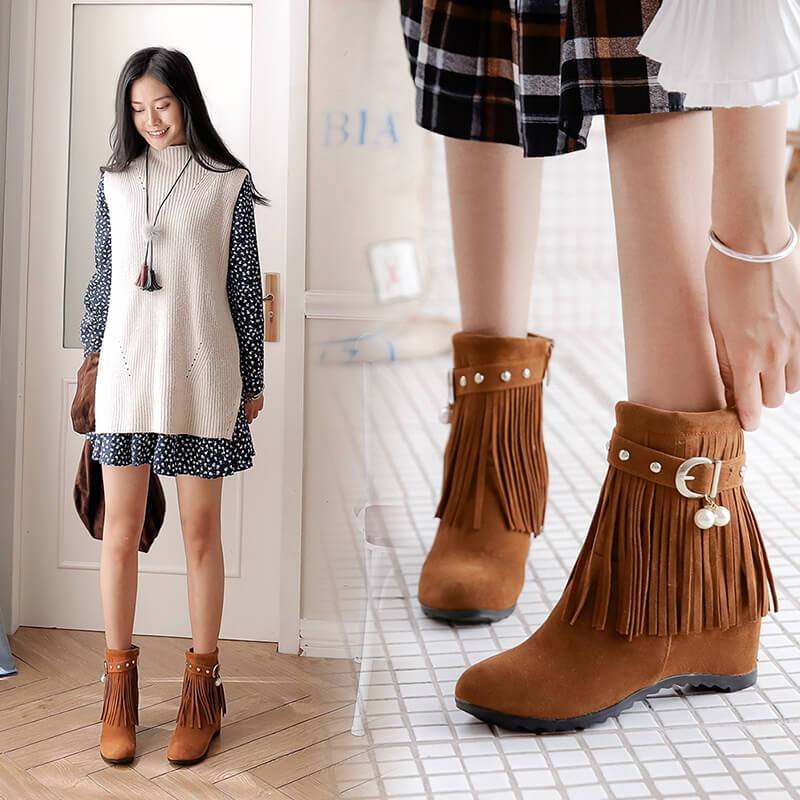 Winter Suede Flat Fringe Buckle Calf Boots