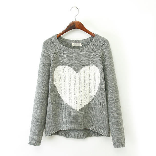 Splicing Pullover Scoop Knit Slim Heart Pattern Sweater - Meet Yours Fashion - 2