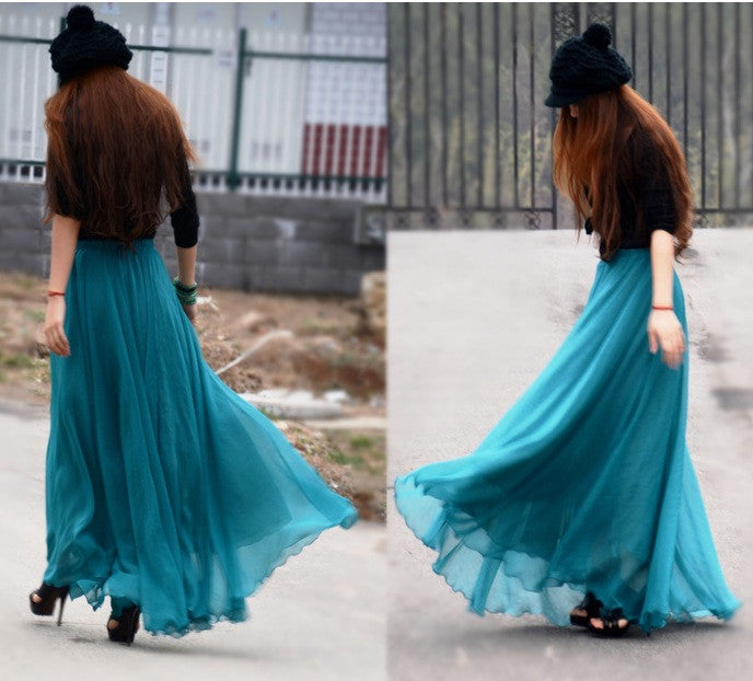Bohemian Flared Pleated Pure Color Slim Floor Maxi Skirt - Meet Yours Fashion - 8