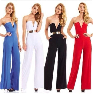 Strapless V-neck Slim Pure Color Flared Long Jumpsuit - Meet Yours Fashion - 2