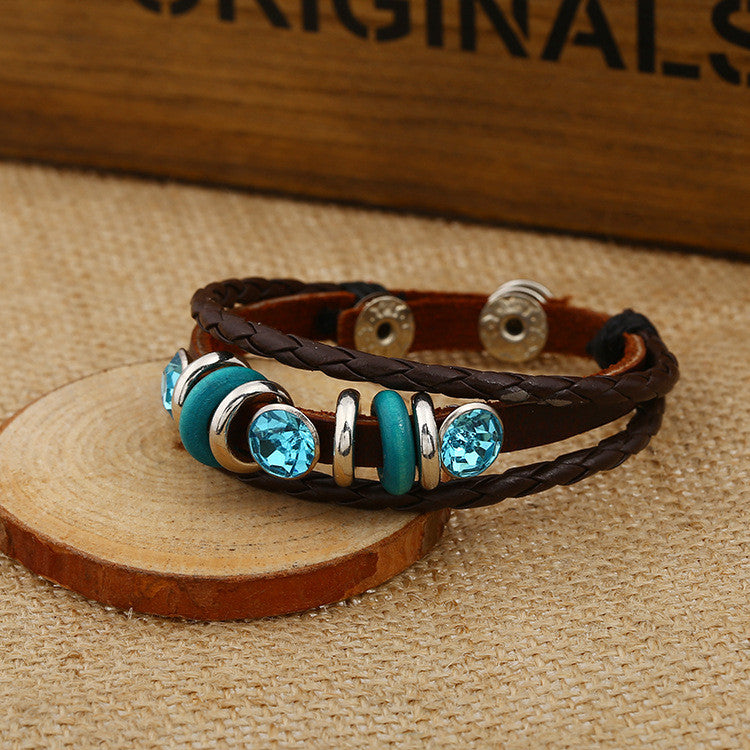Personality Manually Crystal Woven Leather Bracelet