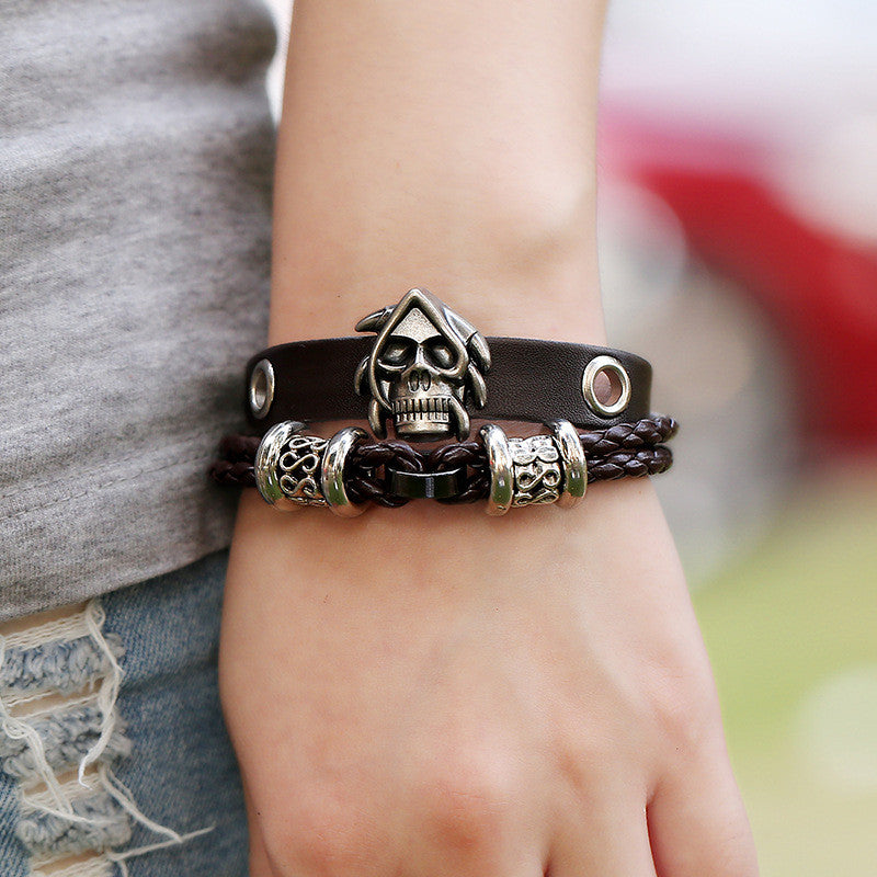 Punk Style Skull Woven Leather Bracelet