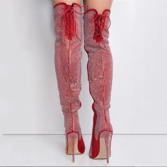 Fashion Red Rhinestone Strap Pointed Toe Knee High Boots