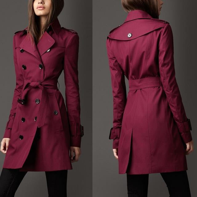 Turn-down Collar Belt Double Button Slim Mid-length Coat - Meet Yours Fashion - 4