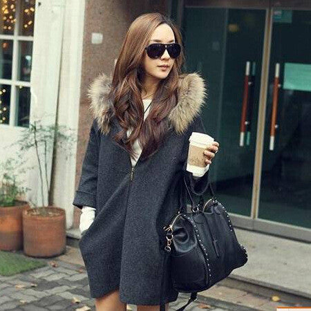 Hooded Faux Fur Collar 9/10 Sleeve Zipper Dropped Shoulder Coat - Meet Yours Fashion - 2