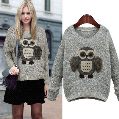 Knit Scoop Loose Pattern Owl Long Sleeves Sweater - Meet Yours Fashion - 2
