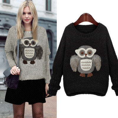 Knit Scoop Loose Pattern Owl Long Sleeves Sweater - Meet Yours Fashion - 3