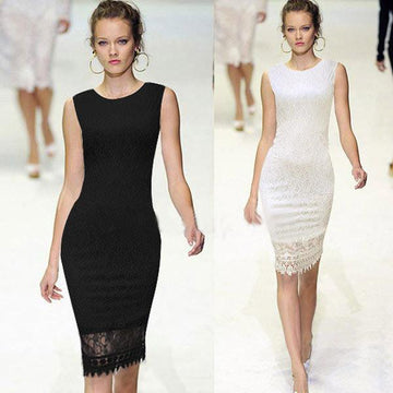 Slim Lace O-neck Sleeveless Knee-length Dress - Meet Yours Fashion - 3