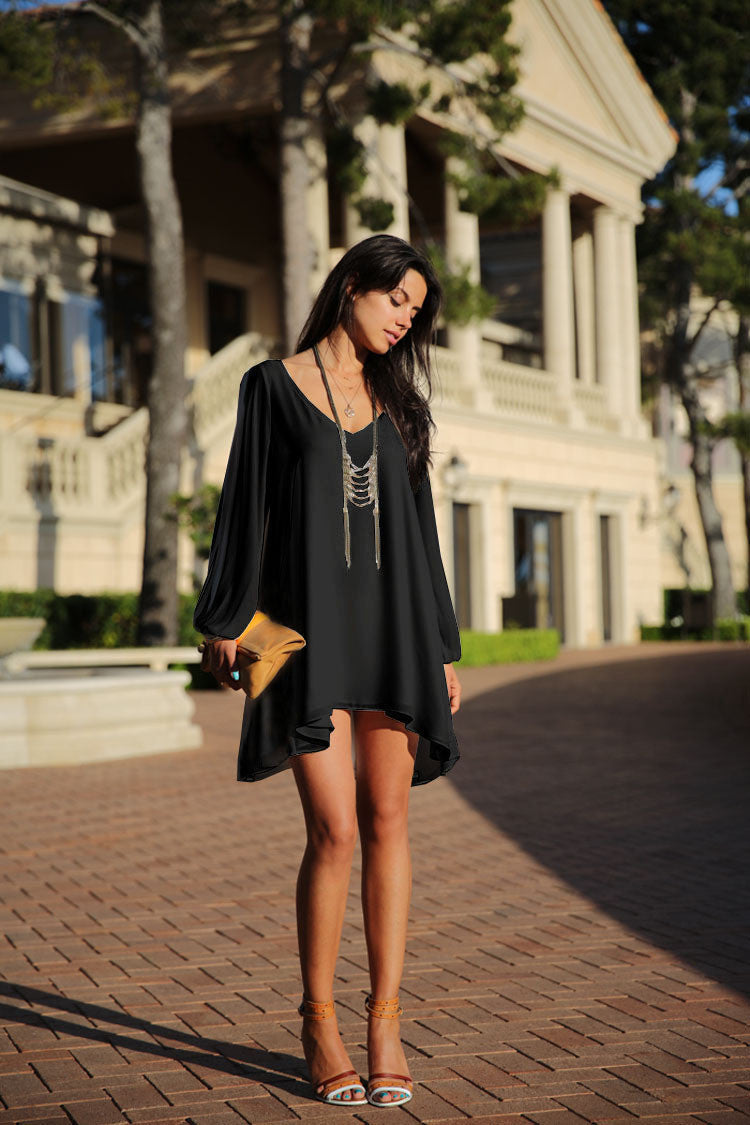 V-Neck Split Long Sleeve Chiffon Loose Short Dress - MeetYoursFashion - 9