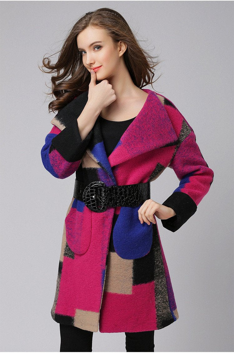 Splicing Plaid Long Woolen Coat - Meet Yours Fashion - 2