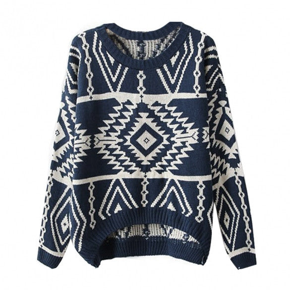 Women Loose Geometry Printed Pullover Sweater - MeetYoursFashion - 3