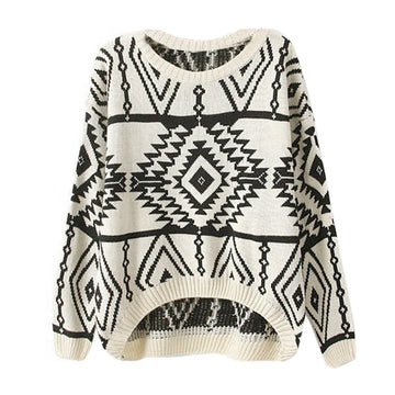 Women Loose Geometry Printed Pullover Sweater - MeetYoursFashion - 1