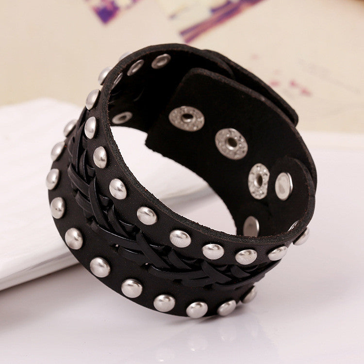 Wide Rivet Braided Leather Bracelet