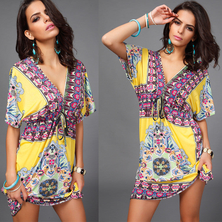 Plus Size Print V Neck Drawstring Loose Short Beach Dress