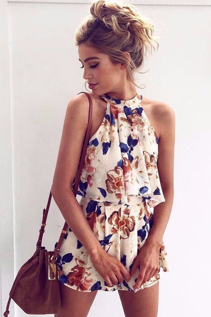 Flower Print Ruffles Loose Crop Top with Wide-Legs Shorts Two Pieces Set