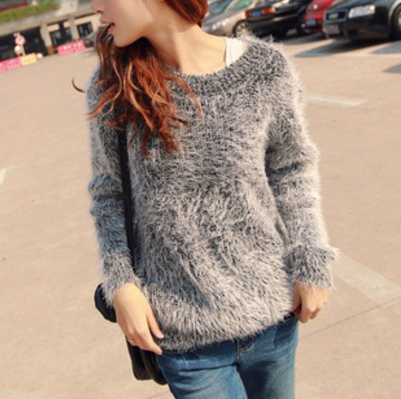 Korea Style Loose Mohair Women's Round Neck Knitting Sweater