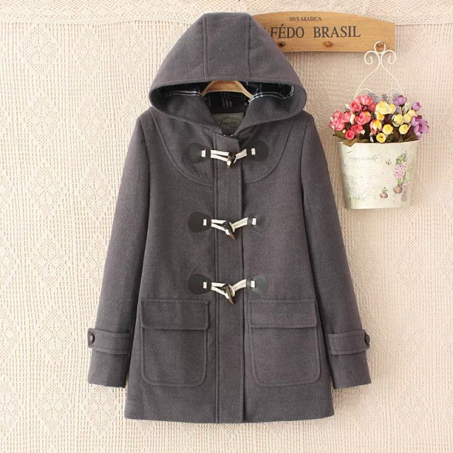 Horn Button Long Sleeves Hooded Thick Fashion Coat