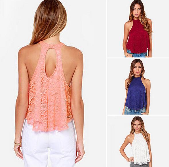 Halter Lace Sleeveless Backless Hollow Sexy Vest - Meet Yours Fashion - 1