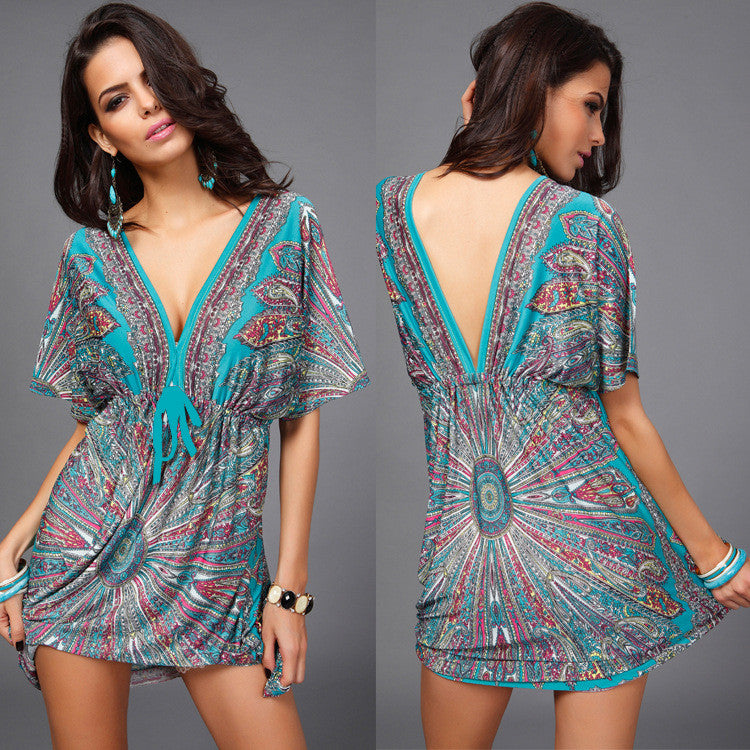 Plus Size Print V Neck Drawstring Loose Short Beach Dress