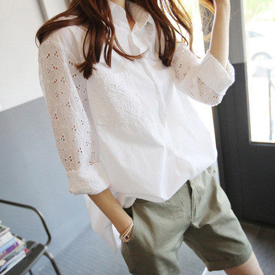 Turn-down Collar Lace Hollow Out Long Sleeves Casual Blouse