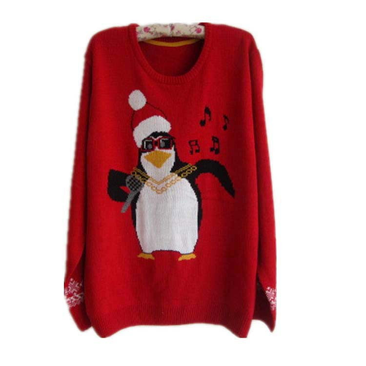 Plus Size Christmas Snowman Penguin Scoop Long Sleeve Sweater