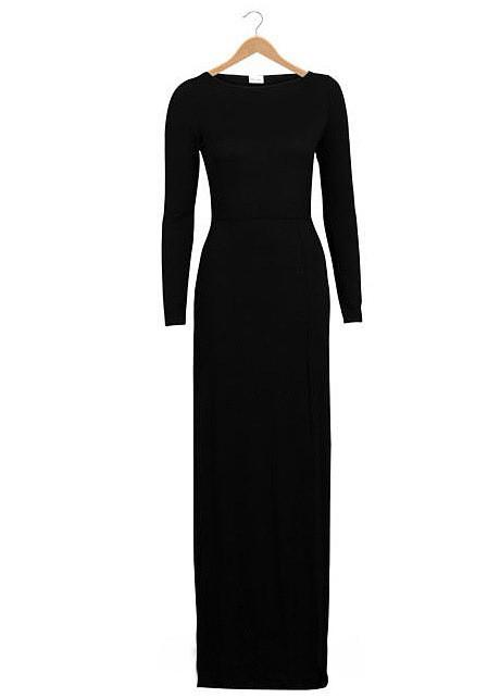 Pure Color Slim Slit O-neck Long Sleeve Long Dress - Meet Yours Fashion - 5
