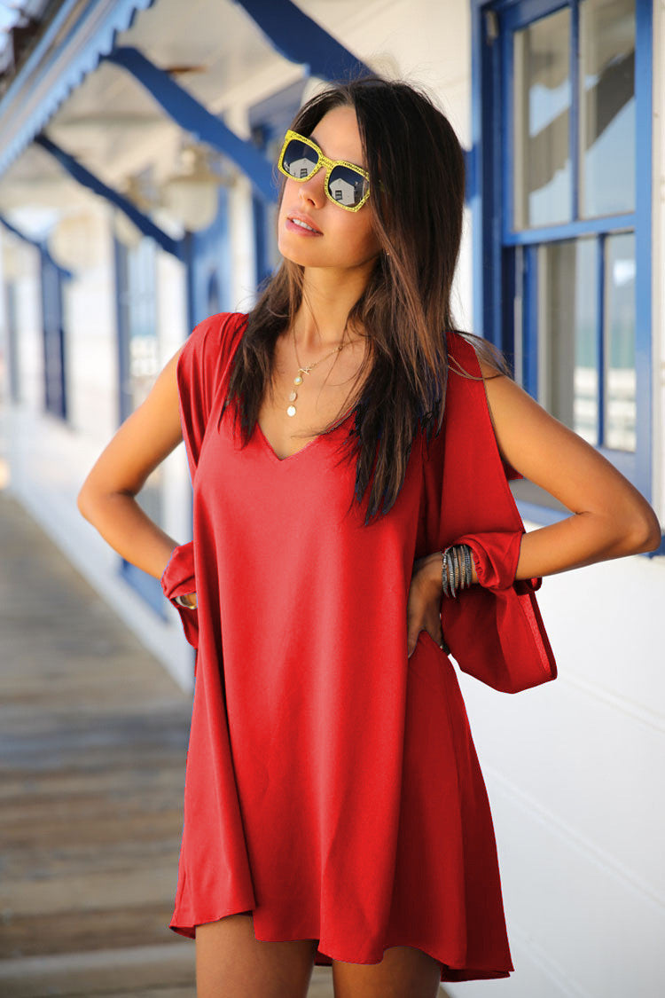 V-Neck Split Long Sleeve Chiffon Loose Short Dress - MeetYoursFashion - 7