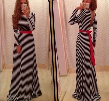 Long Sleeves Backless Stripe Long Loose Dress - Meet Yours Fashion - 2