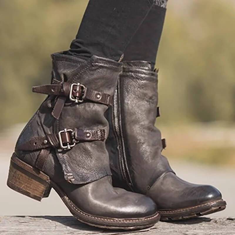 Leather Buckle Chunky Heel Calf Boots