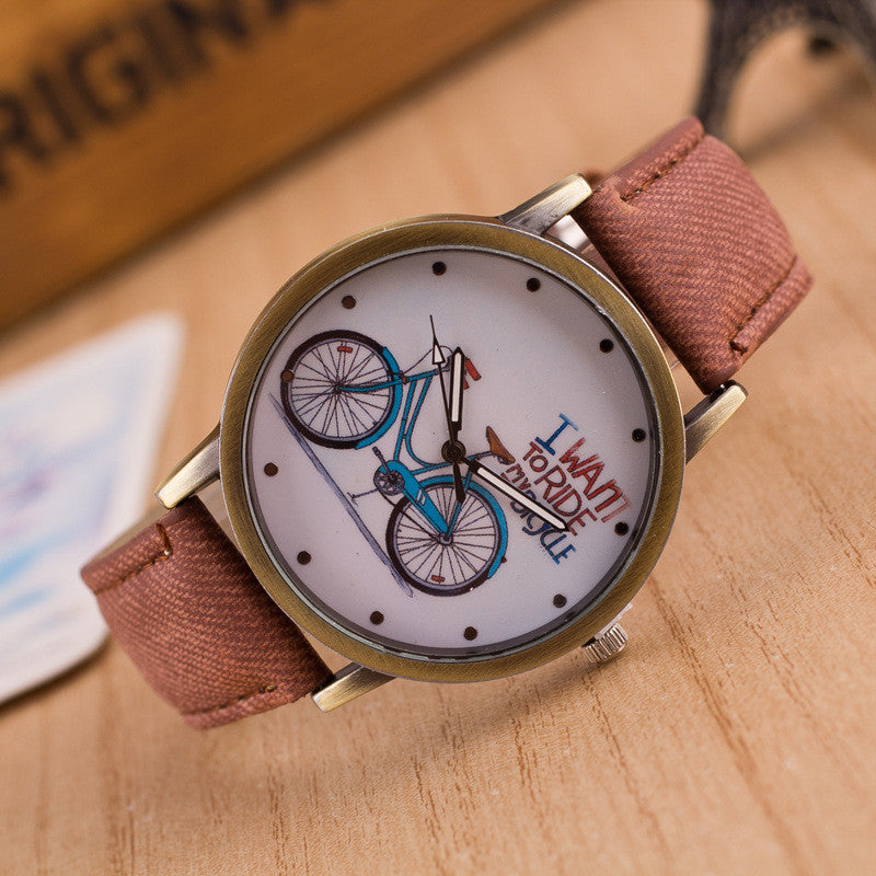 Ride Bike Pattern Denim Strap Watch