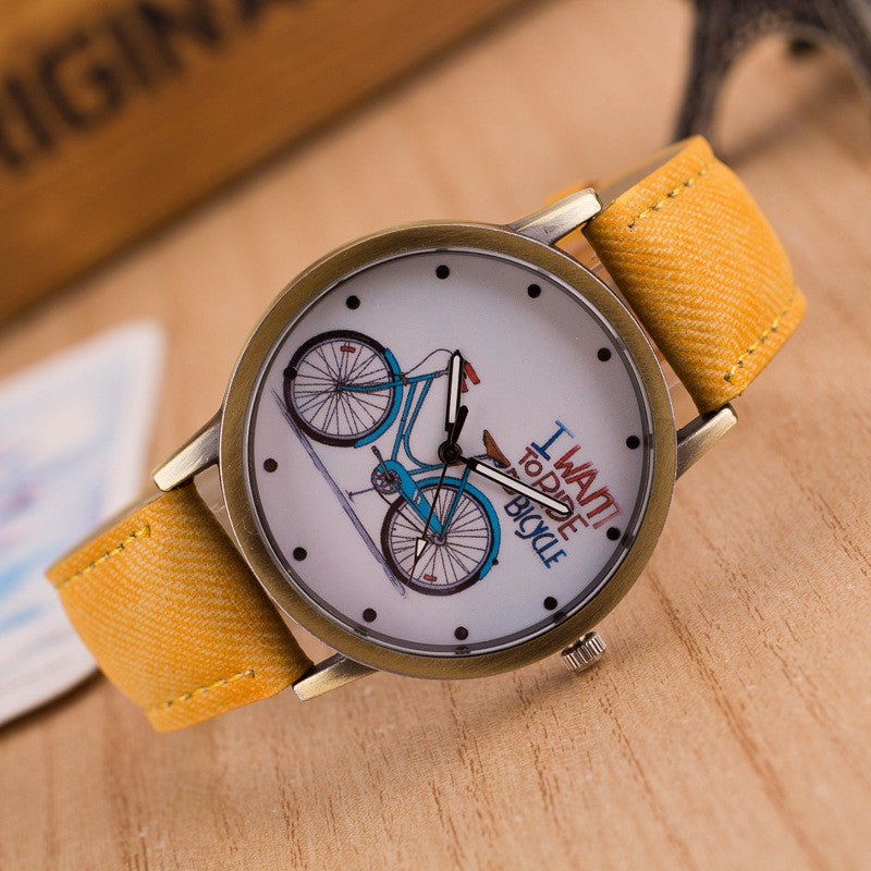 Ride Bike Pattern Denim Strap Watch