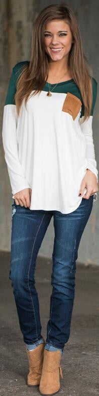 Fashion Contrast Color Long-Sleeve Round Neck Blouse