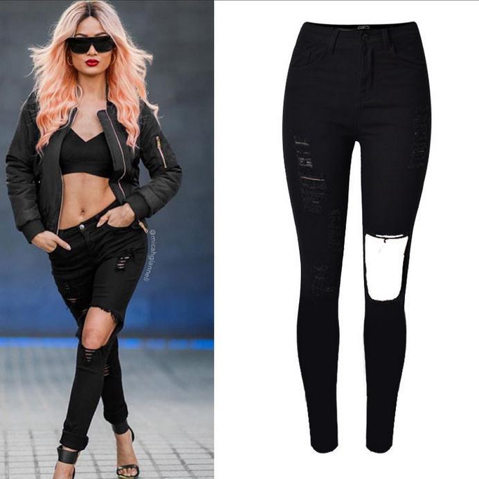 High Waist Ripped Elastic Slim Holes Jeans - Meet Yours Fashion - 1