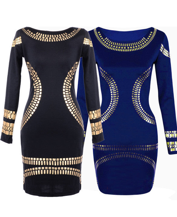 Gold Foil Long Sleeves Tunic Party Bodycon Dress - MeetYoursFashion - 5