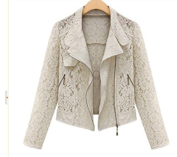 Hollow Lapel Double Zippers Lace Long Sleeves Short Coat - Meet Yours Fashion - 5