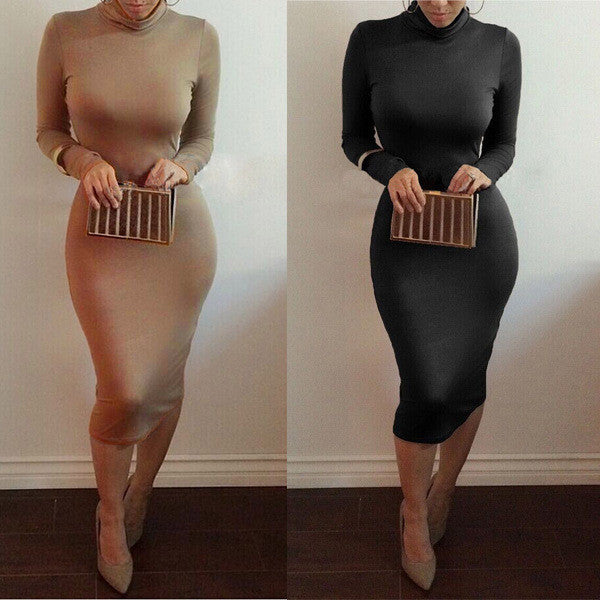 High Neck Long Sleeves Bodycon Pure Color Party ClubDress - MeetYoursFashion - 7