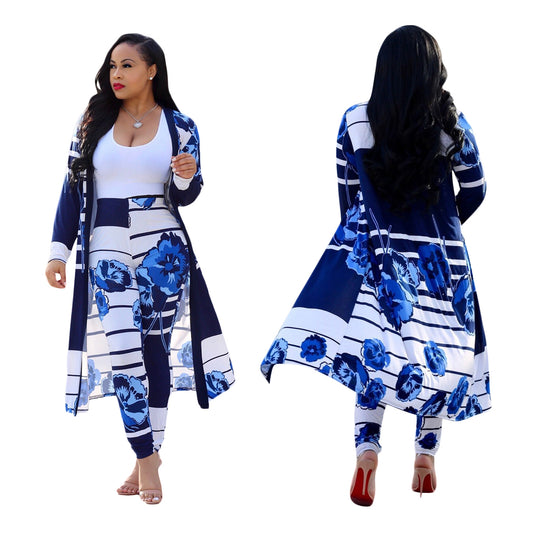 Print Long Sleeves Cardigan Slim Long Coat + Trousers Casual Two-piece Suit