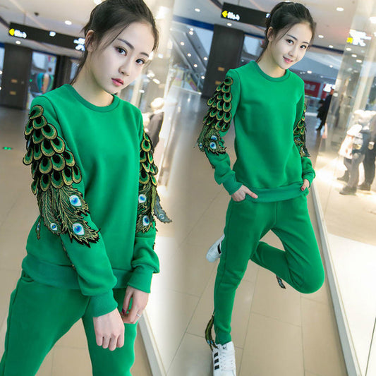 Long Sleeves Faux Peacock Feathers Scoop Elastic Sweatshirts Sports suit feather two piece set
