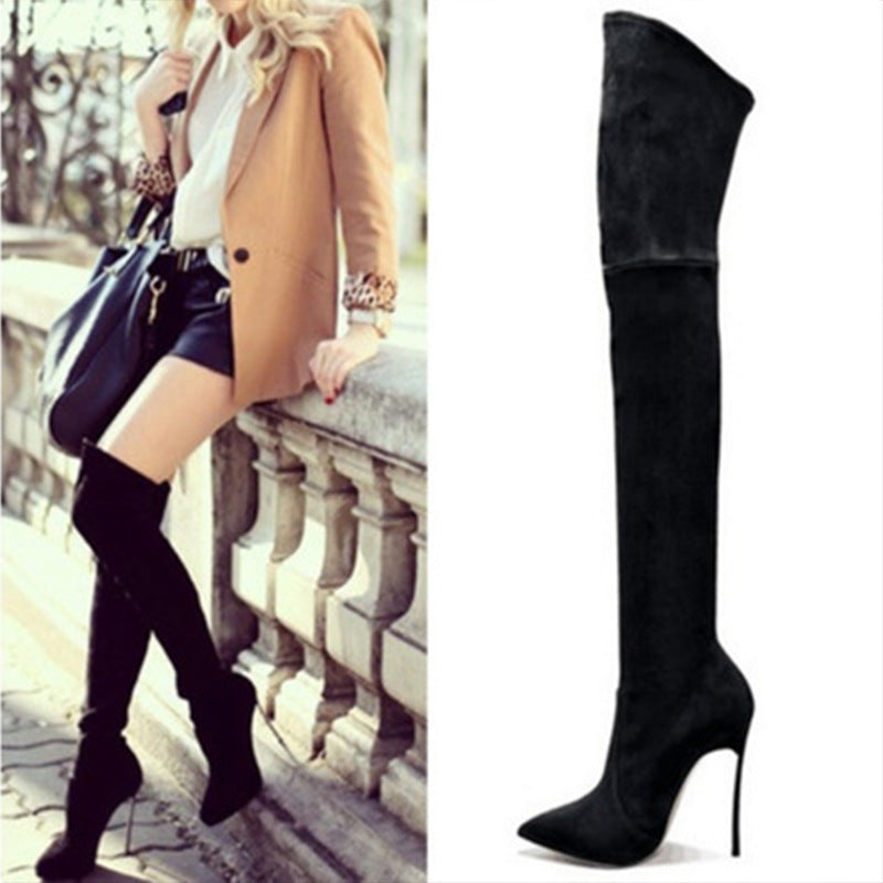 Autumn And Winter Boots Elastic Knee High Pointed Heel Women's Boots