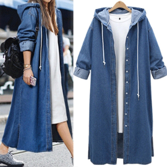 Autumn And Winter New Hooded Long Sleeved Denim Coat Single Breasted Long Windbreaker