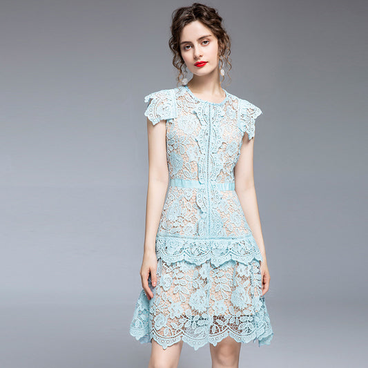 Water Soluble Lace Irregular Fan Skirt Slim Dress