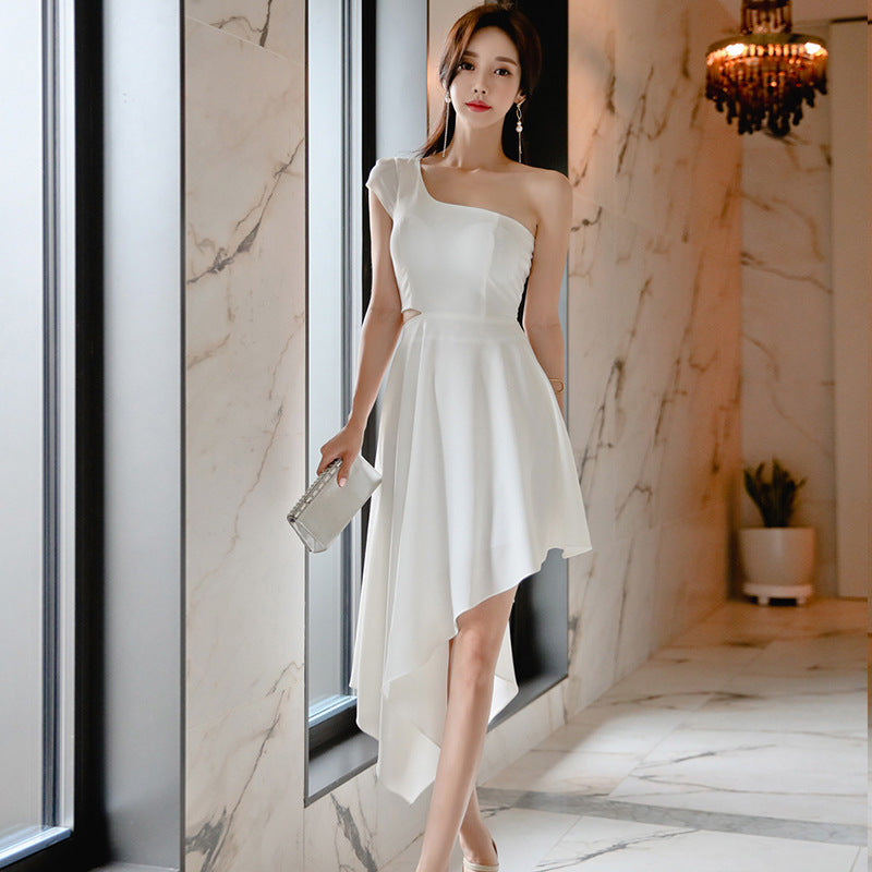 Fashion Off-Waist Oblique Shoulder Bridesmaid Irregular Hem Dress