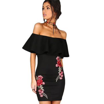 Off Shoulder Ruffles Embroidery Short Bodycon Dress