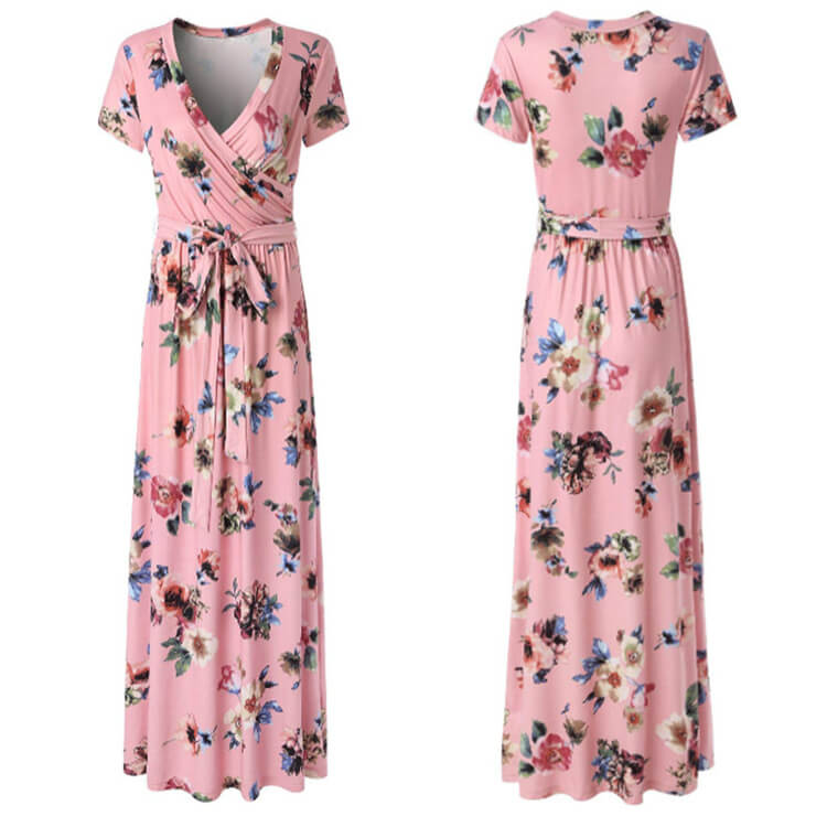 Deep V-neck High Waist Floral Print Tee Length Dress